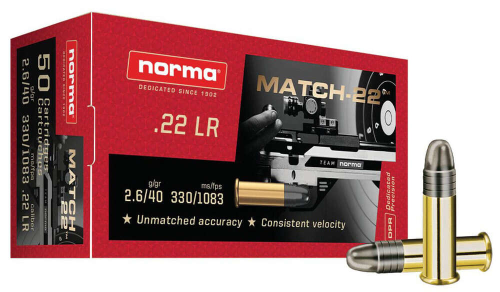 Ammunition Norma Ammunition 105 ft lbs 22LR NORMA 2425076    22LR 40GR LRN MATCH        50/100 • Model: 105 ft lbs